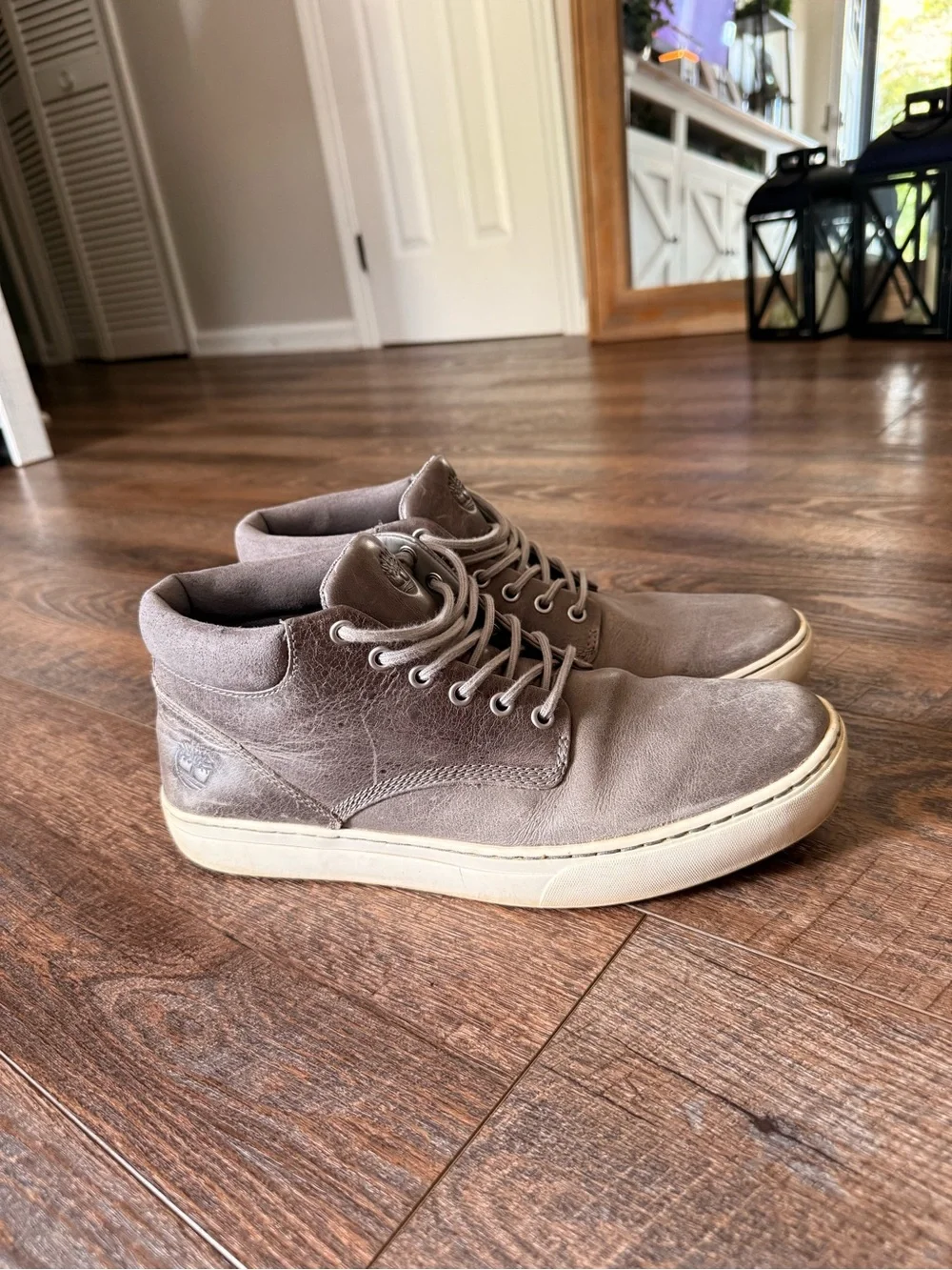 Timberland Men's Gray Leather Chukka Boots with Cream Sole